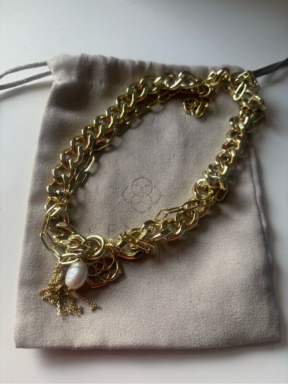 Kendra Scott Gold Thick Multi Strand Chain Link Necklace with Pearl & Logo Charm